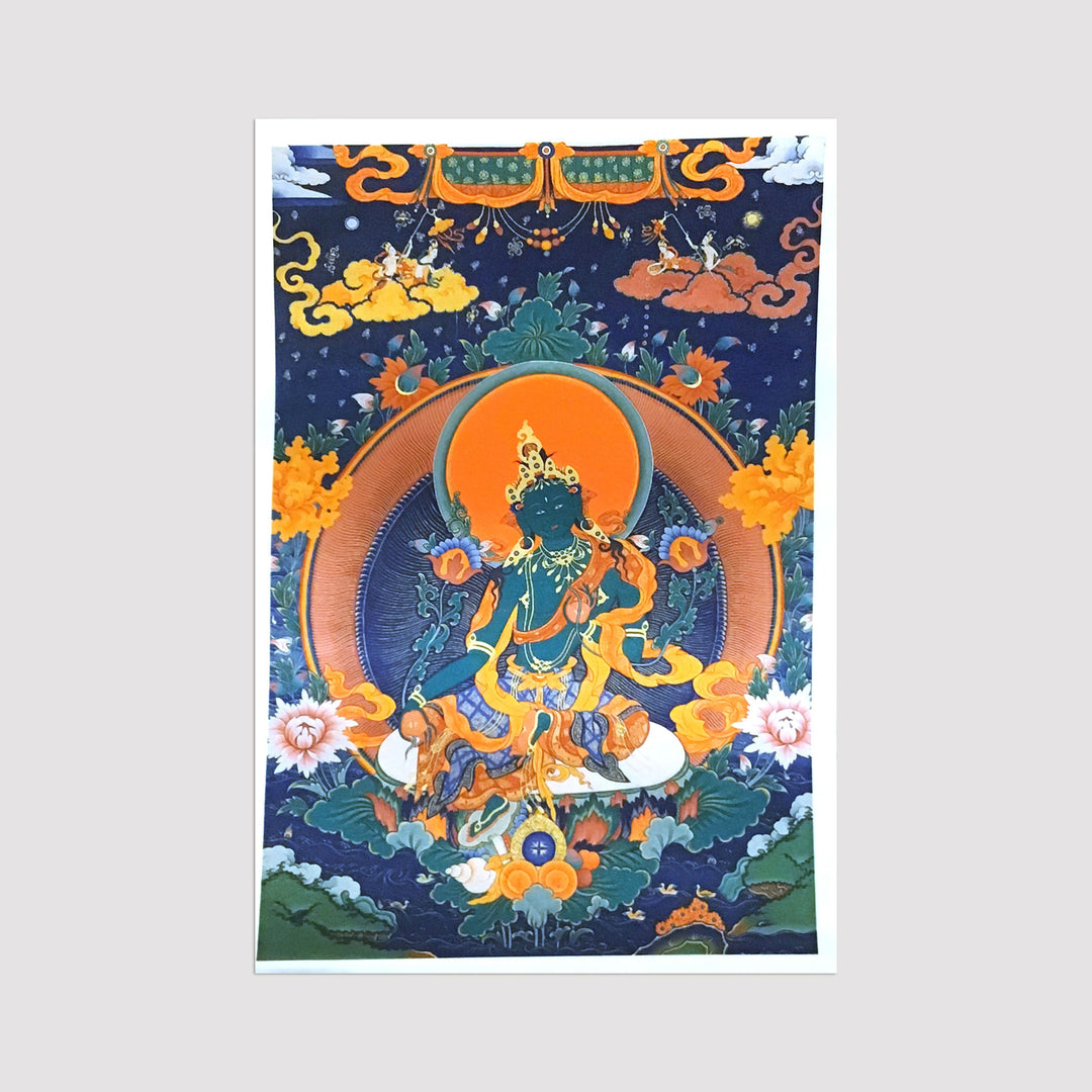 Green Tara (Silk Print) (Blue Background)