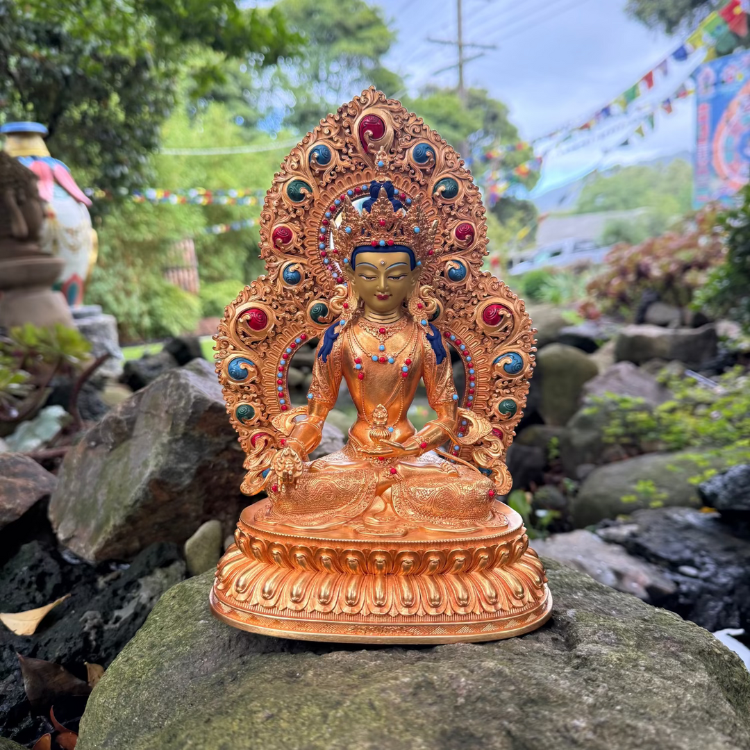 Ksitigarbha Statue - Large Metal Copper/Rose Gold finish with Ornate Halo
