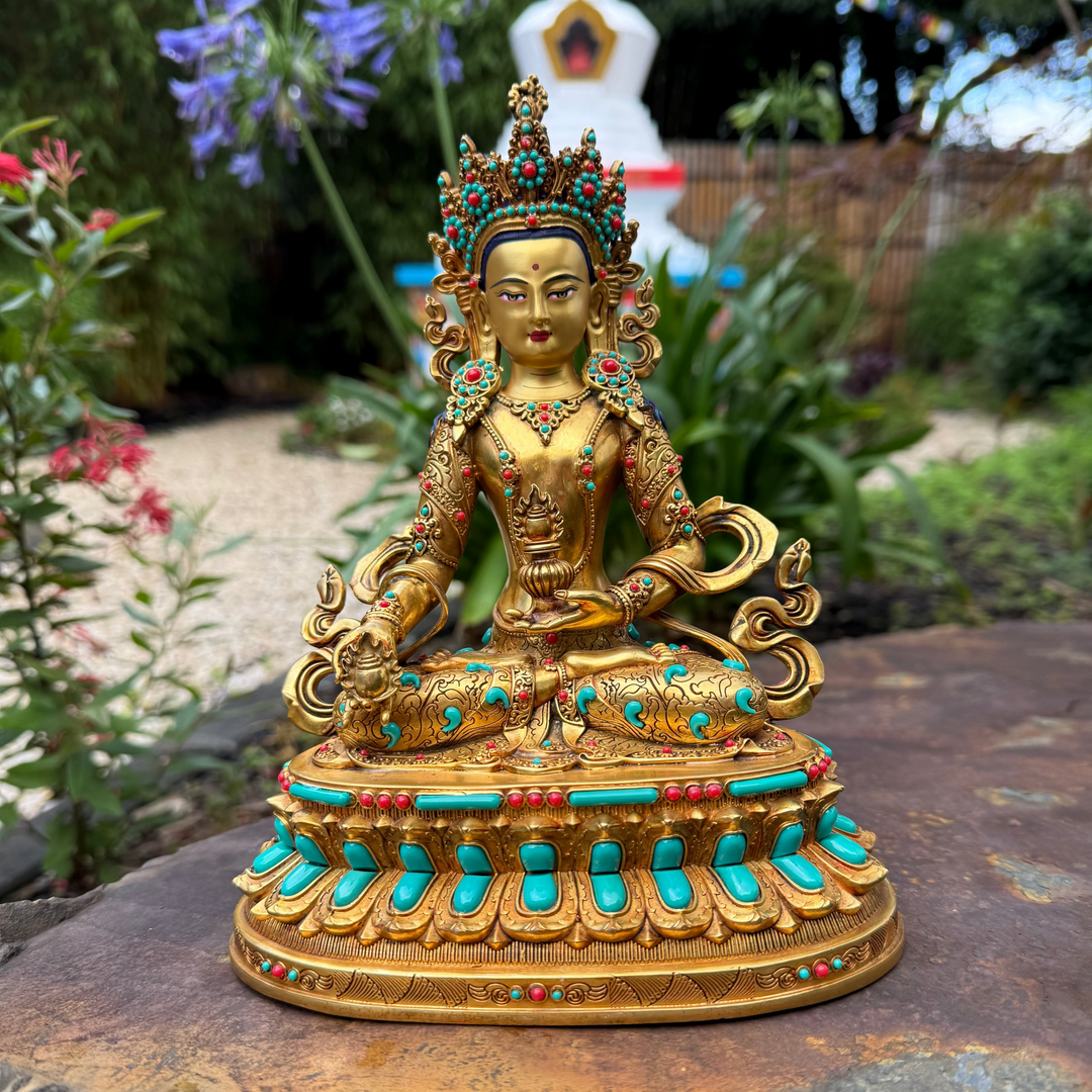 Ksitigarbha Statue - Large Gold finish with Turquoise &amp; Coral Coloured Inlay