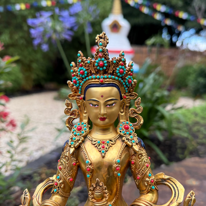 Ksitigarbha Statue - Large Gold finish with Turquoise &amp; Coral Coloured Inlay